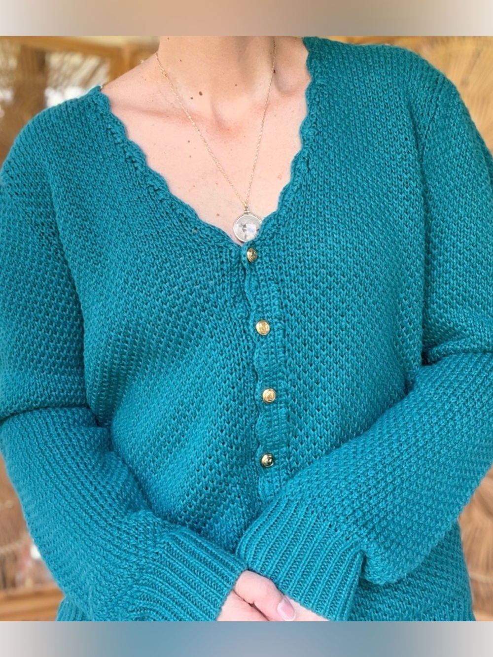 Vintage Teal Turquoise Knit Amilano Collection Button Front Cardigan Sweater